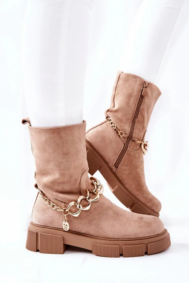 Zamszowe Botki Workery Beżowe Hellio