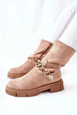 Zamszowe Botki Workery Beżowe Hellio