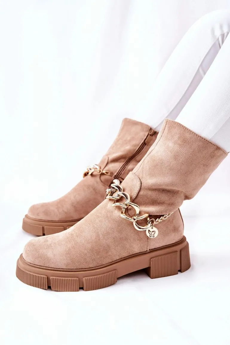 Zamszowe Botki Workery Beżowe Hellio