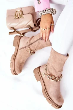 Zamszowe Botki Workery Beżowe Hellio