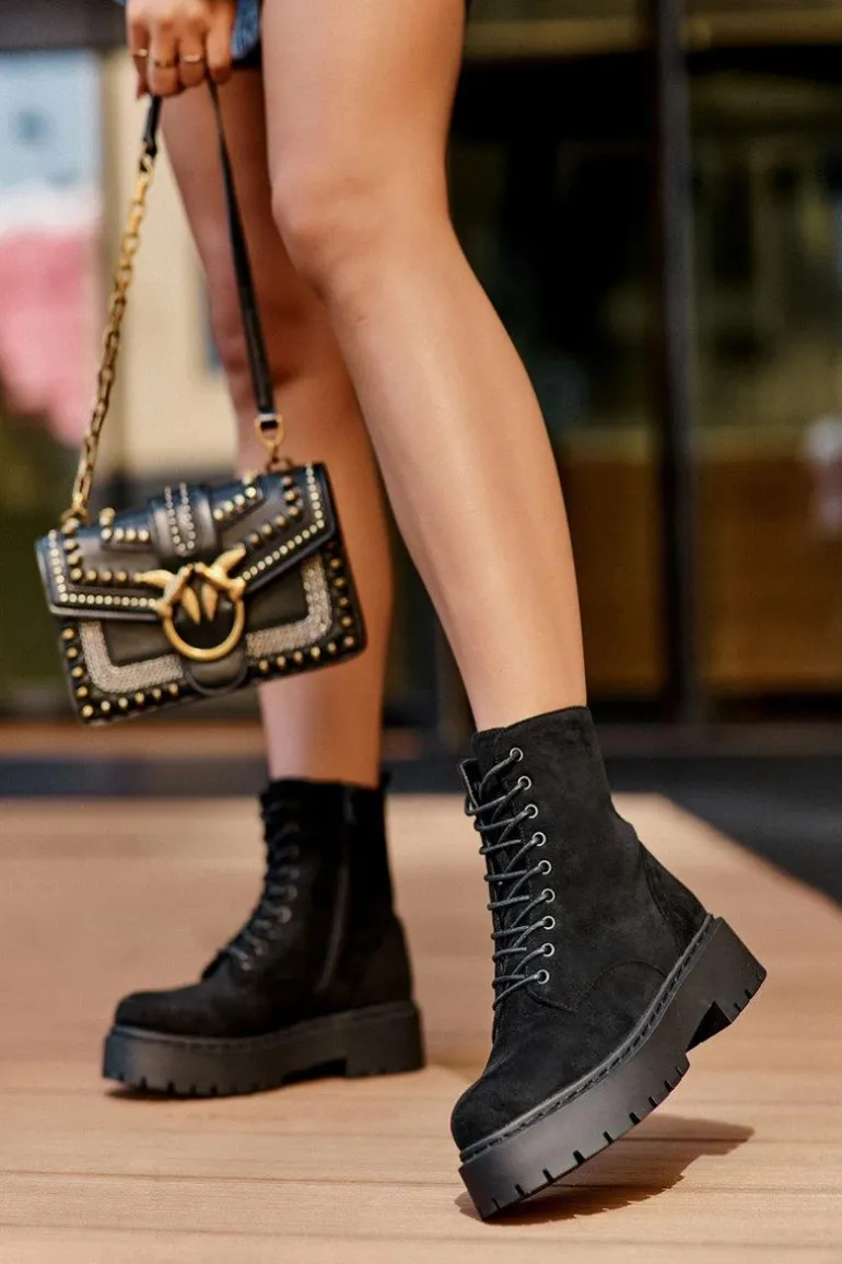 Zamszowe Botki Workery Damskie Czarne Dearia