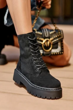 Zamszowe Botki Workery Damskie Czarne Dearia