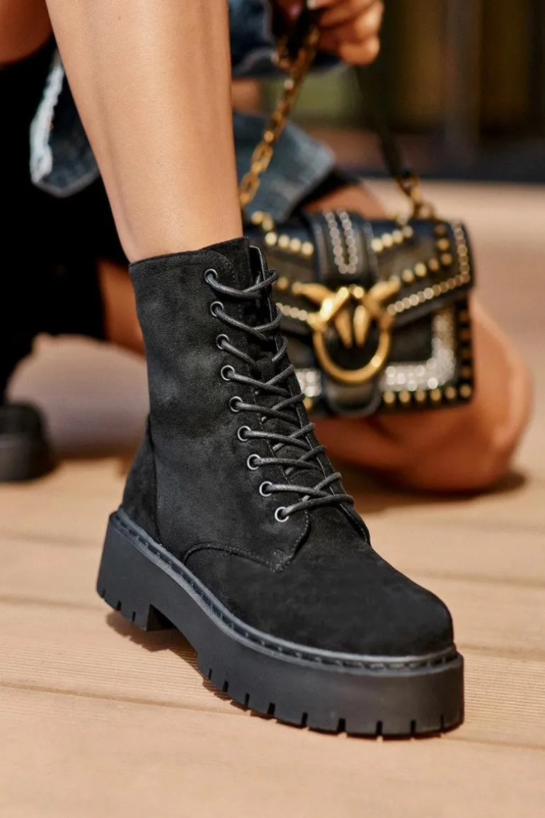 Zamszowe Botki Workery Damskie Czarne Dearia