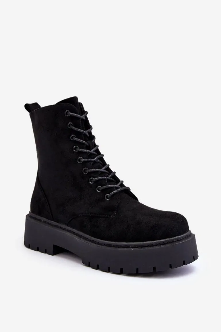 Zamszowe Botki Workery Damskie Czarne Dearia