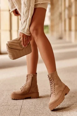 Zamszowe Botki Workery Damskie Beżowe Dearia