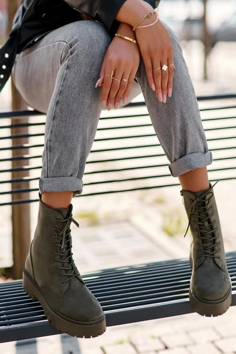 Zamszowe Botki Workery Damskie Zielone Dearia