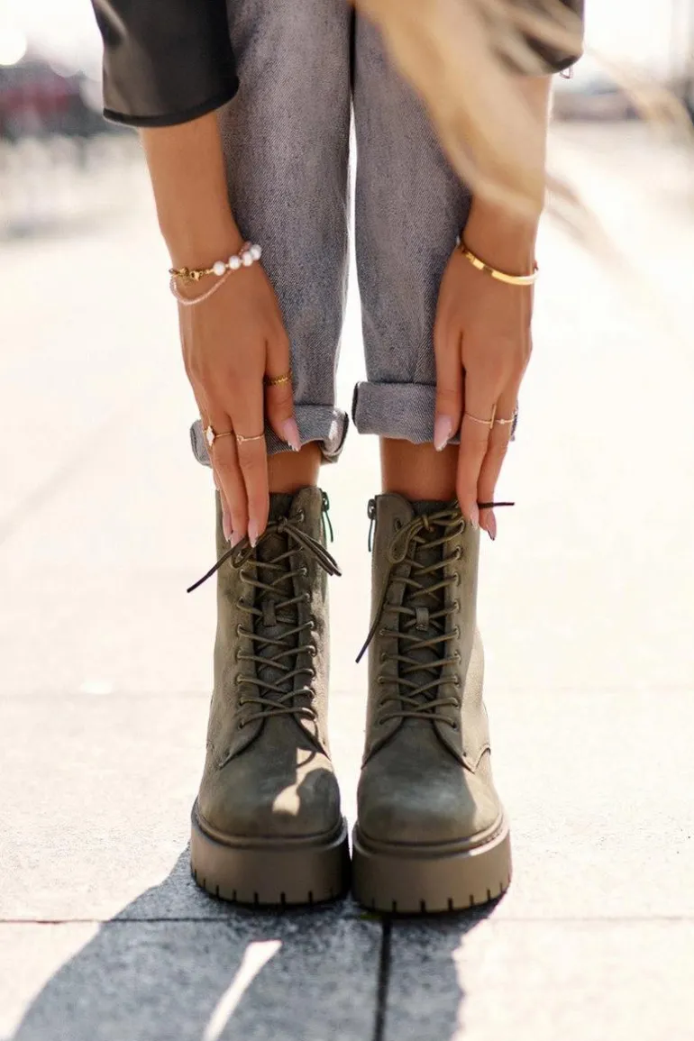 Zamszowe Botki Workery Damskie Zielone Dearia