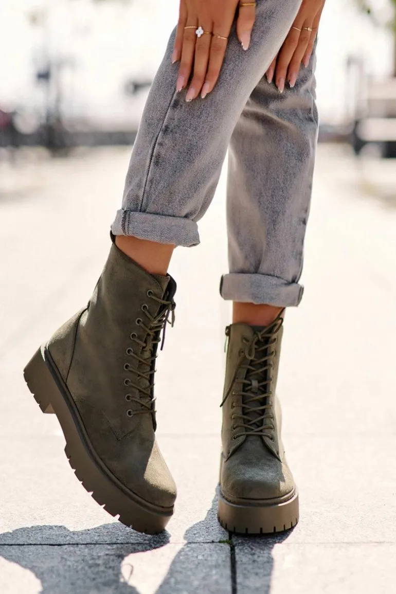 Zamszowe Botki Workery Damskie Zielone Dearia