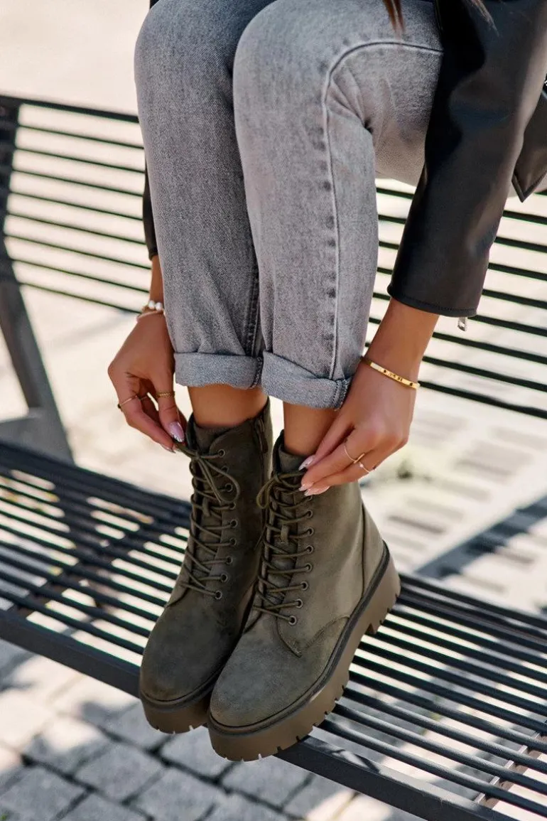 Zamszowe Botki Workery Damskie Zielone Dearia