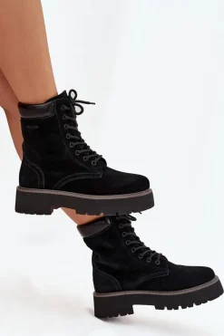 Zamszowe Botki Workery Damskie Sznurowane Big Star SS274791 Czarne