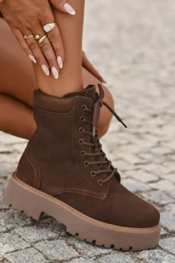 Zamszowe Botki Workery Damskie Sznurowane Big Star SS274792 Brązowe