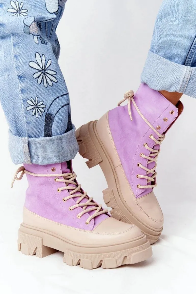 Zamszowe Botki Workery Lewski Shoes 3007-0 Fioletowe