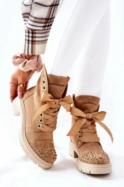 Zamszowe Botki Workery Lewski Shoes Wiązane 3069 Piaskowe