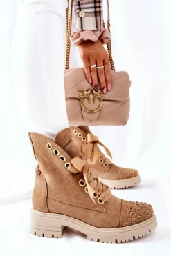 Zamszowe Botki Workery Lewski Shoes Wiązane 3069 Piaskowe