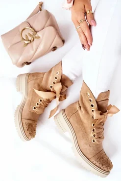 Zamszowe Botki Workery Lewski Shoes Wiązane 3069 Piaskowe