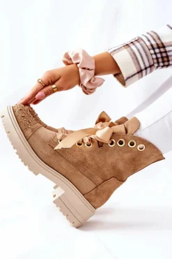 Zamszowe Botki Workery Lewski Shoes Wiązane 3069 Piaskowe