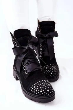 Zamszowe Botki Workery Lewski Shoes Wiązane 3069 Czarne