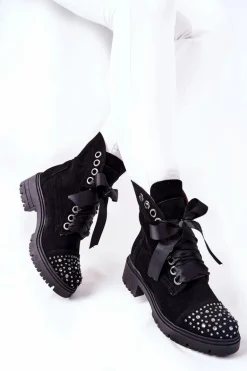 Zamszowe Botki Workery Lewski Shoes Wiązane 3069 Czarne