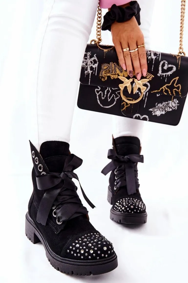 Zamszowe Botki Workery Lewski Shoes Wiązane 3069 Czarne