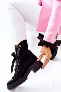 Zamszowe Botki Workery Lewski Shoes Wiązane 3069 Czarne