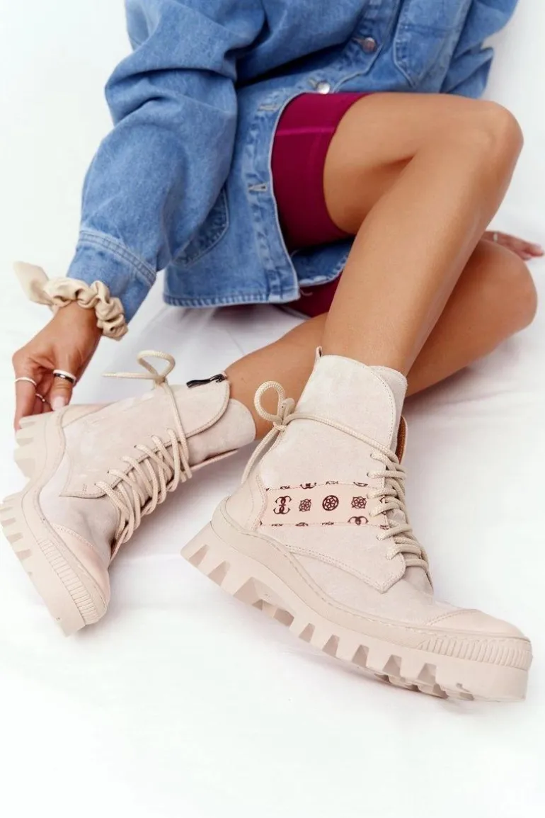 Zamszowe Botki Workery Lewski Shoes 2942-0 Jasny Beż