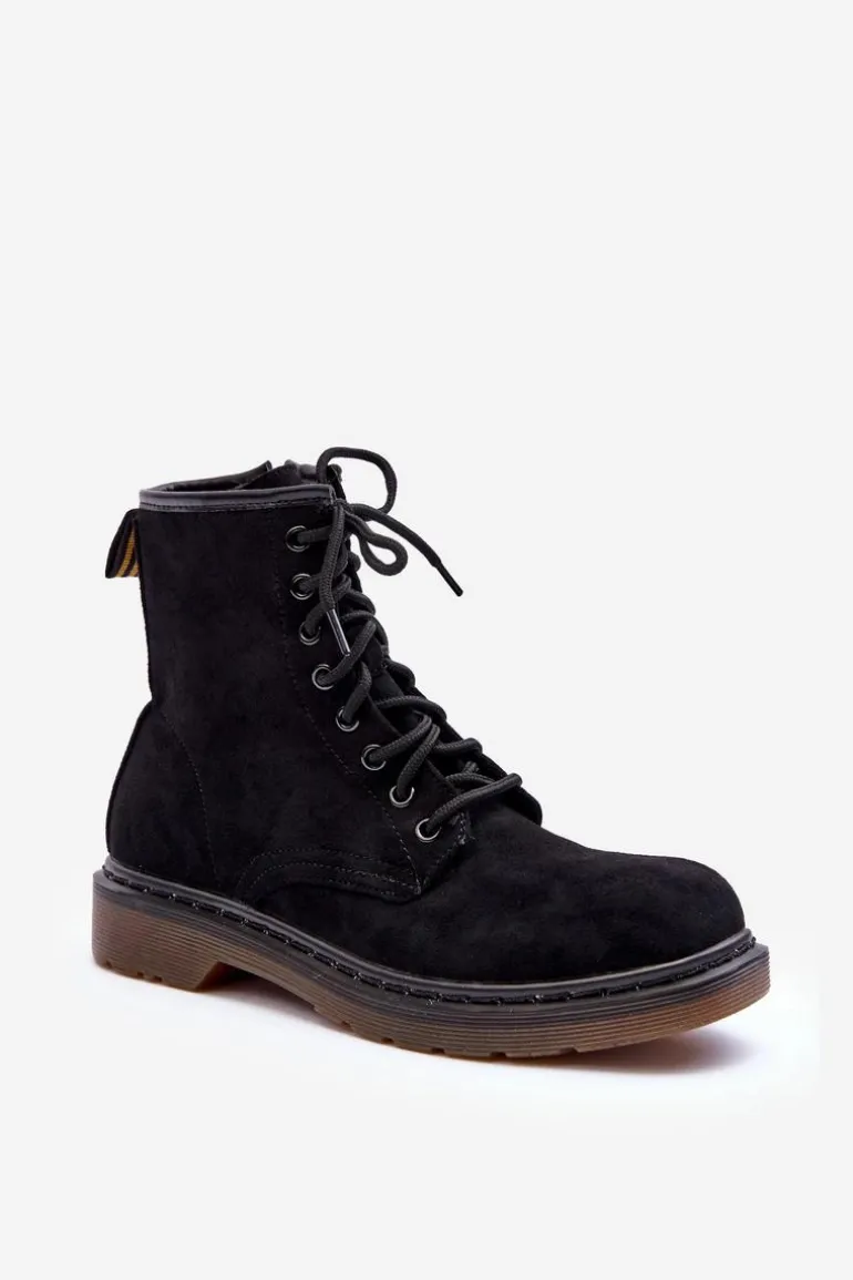 Zamszowe Botki Workery Na Płaskim Obcasie Czarne Asteoris