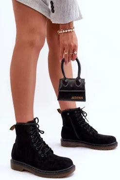 Zamszowe Botki Workery Na Płaskim Obcasie Czarne Asteoris