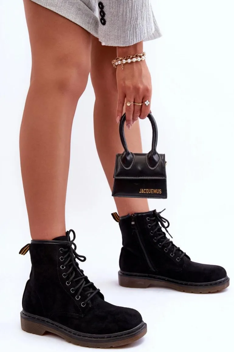 Zamszowe Botki Workery Na Płaskim Obcasie Czarne Asteoris