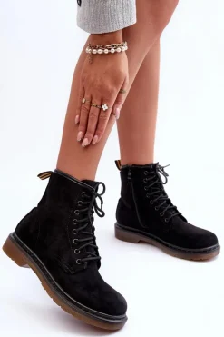 Zamszowe Botki Workery Na Płaskim Obcasie Czarne Asteoris