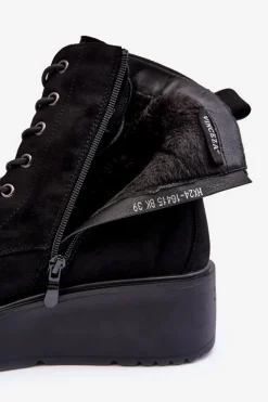 Zamszowe Botki Workery Na Masywnej Platformie Koturnie Czarne Lavica