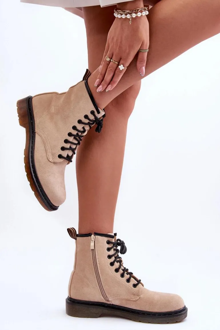 Zamszowe Botki Workery Na Płaskim Obcasie Beżowe Asteoris