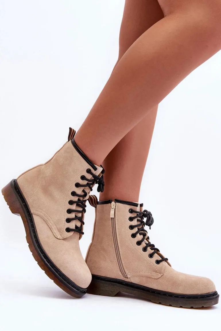 Zamszowe Botki Workery Na Płaskim Obcasie Beżowe Asteoris