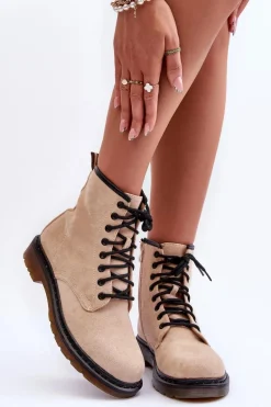 Zamszowe Botki Workery Na Płaskim Obcasie Beżowe Asteoris