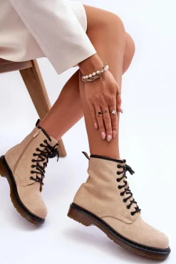 Zamszowe Botki Workery Na Płaskim Obcasie Beżowe Asteoris