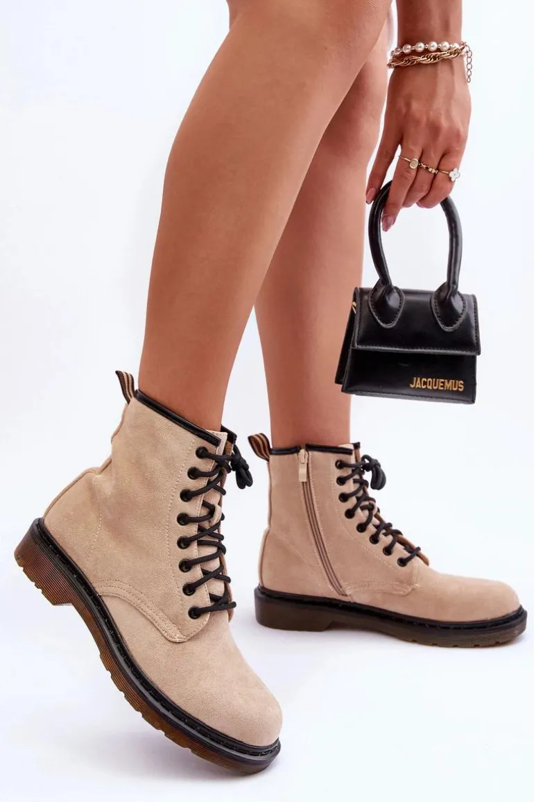 Zamszowe Botki Workery Na Płaskim Obcasie Beżowe Asteoris