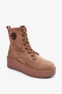 Zamszowe Botki Workery Na Masywnej Platformie Koturnie Beżowe Lavica