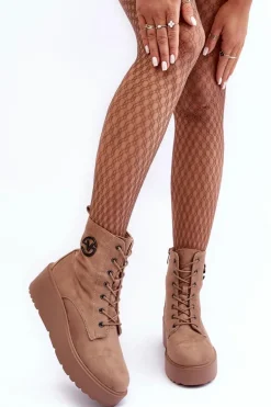 Zamszowe Botki Workery Na Masywnej Platformie Koturnie Beżowe Lavica