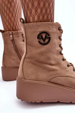 Zamszowe Botki Workery Na Masywnej Platformie Koturnie Beżowe Lavica