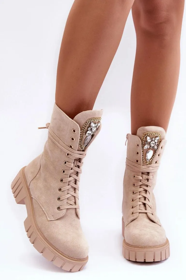 Zamszowe Botki Workery Z Biżuteryjną Ozdobą Beżowe Marx