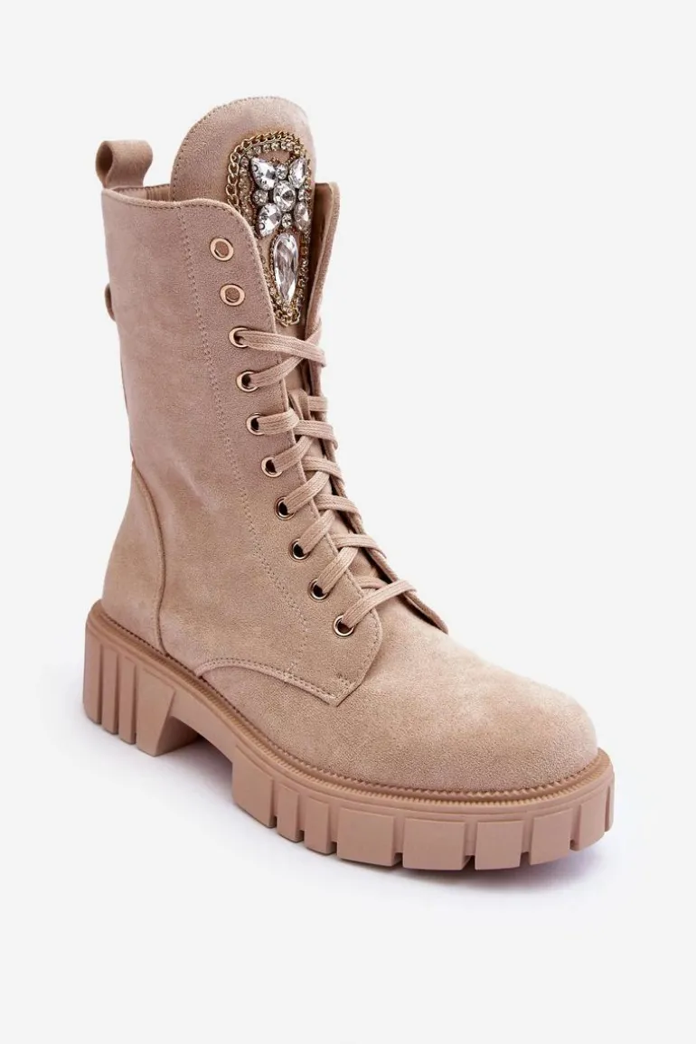 Zamszowe Botki Workery Z Biżuteryjną Ozdobą Beżowe Marx