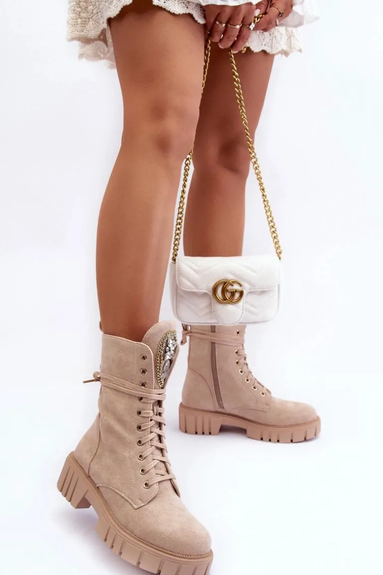 Zamszowe Botki Workery Z Biżuteryjną Ozdobą Beżowe Marx