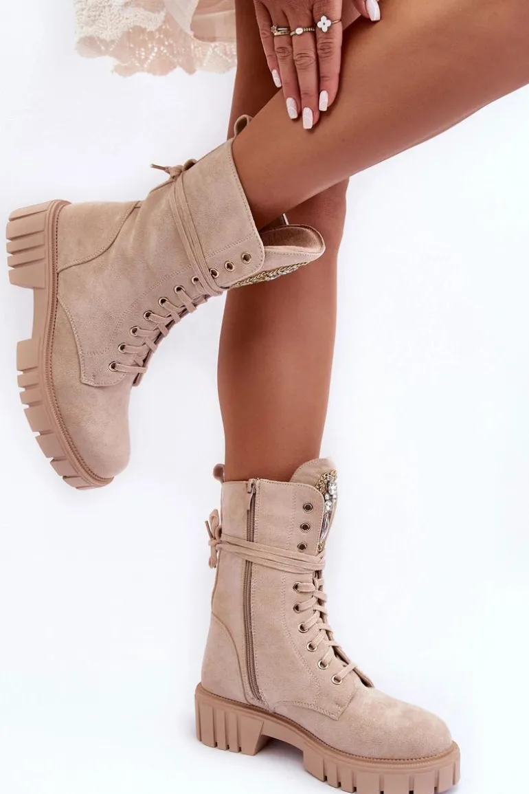 Zamszowe Botki Workery Z Biżuteryjną Ozdobą Beżowe Marx