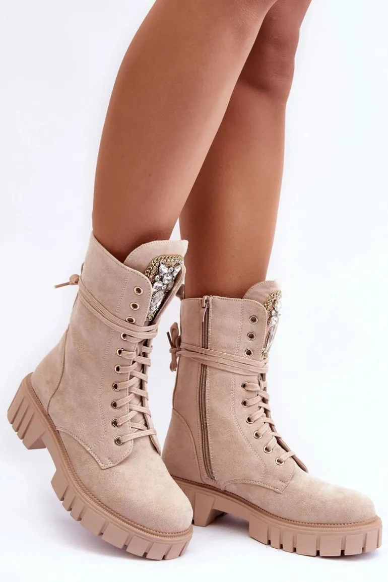 Zamszowe Botki Workery Z Biżuteryjną Ozdobą Beżowe Marx