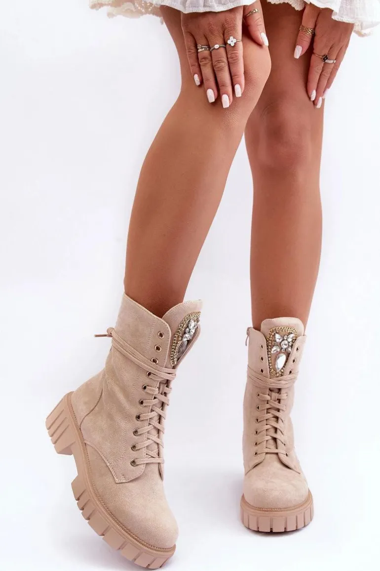 Zamszowe Botki Workery Z Biżuteryjną Ozdobą Beżowe Marx