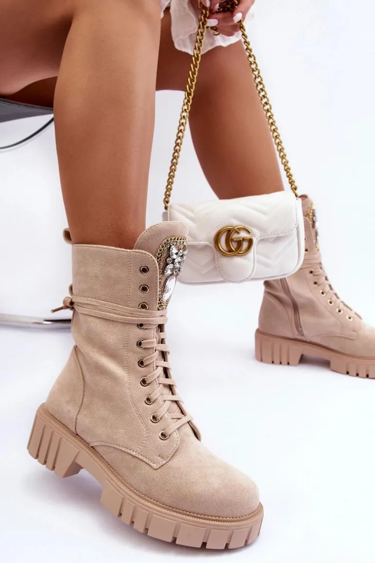 Zamszowe Botki Workery Z Biżuteryjną Ozdobą Beżowe Marx