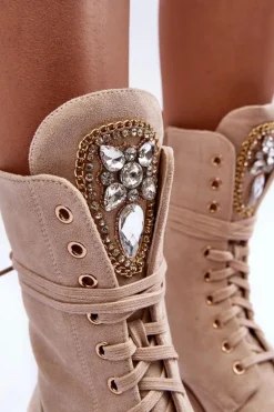 Zamszowe Botki Workery Z Biżuteryjną Ozdobą Beżowe Marx