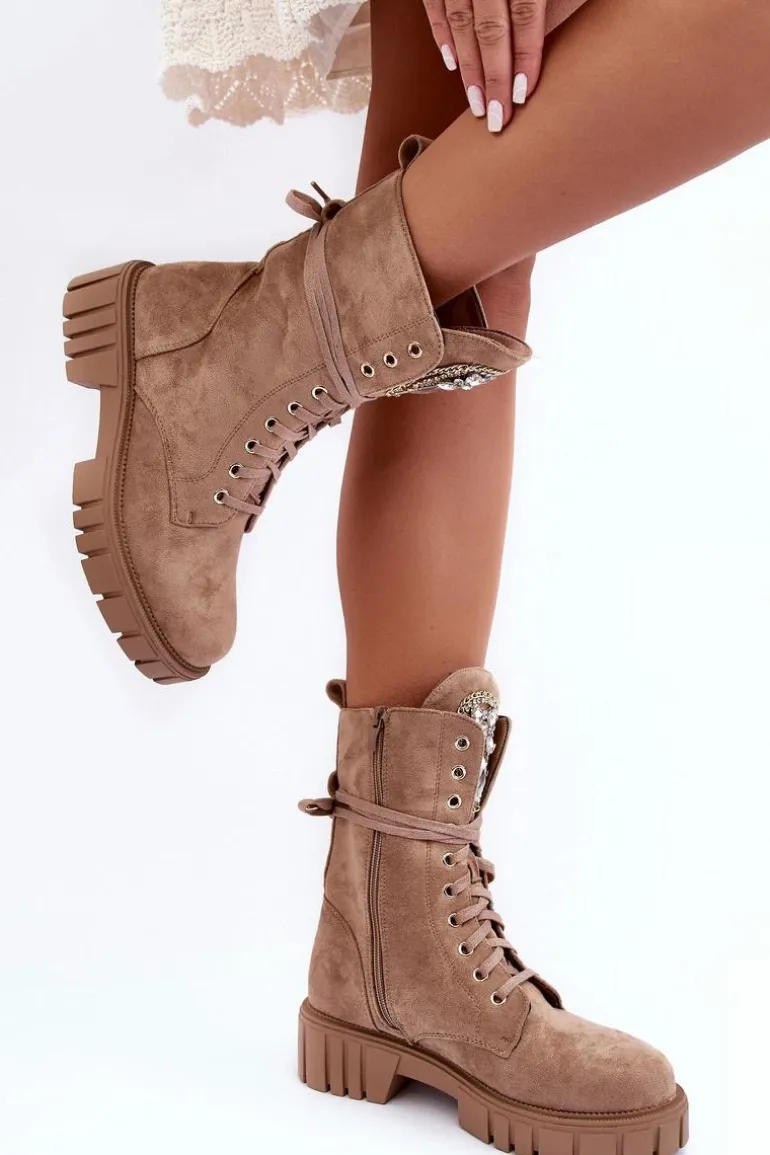 Zamszowe Botki Workery Z Biżuteryjną Ozdobą Ciemnobeżowe Marx