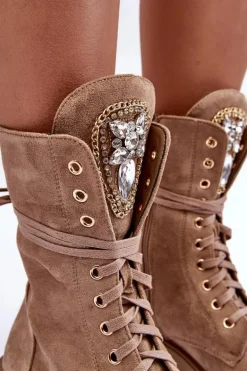 Zamszowe Botki Workery Z Biżuteryjną Ozdobą Ciemnobeżowe Marx