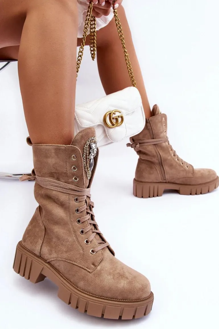 Zamszowe Botki Workery Z Biżuteryjną Ozdobą Ciemnobeżowe Marx