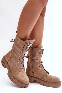 Zamszowe Botki Workery Z Biżuteryjną Ozdobą Ciemnobeżowe Marx